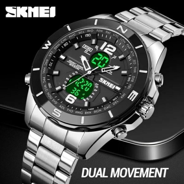 SKMEI 1670 Men's Double Movement Chronograph Waterproof Stainless Steel Multifunction Watch - Silver - Image 2