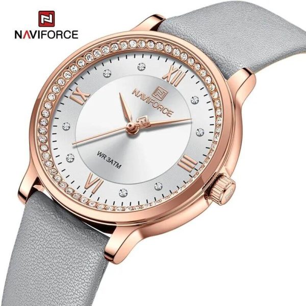 Naviforce NF5036 Classic Rhinestone Surrounded Leather Strap Roman Numeral Watch For Women - Grey/White