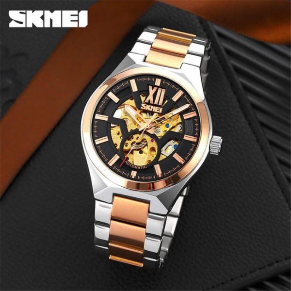 Skmei 9258 Fashion Mechanical Hollow Dial Luxury Stainless Steel Automatic Luminous Watch - Silver/RoseGold - Image 3