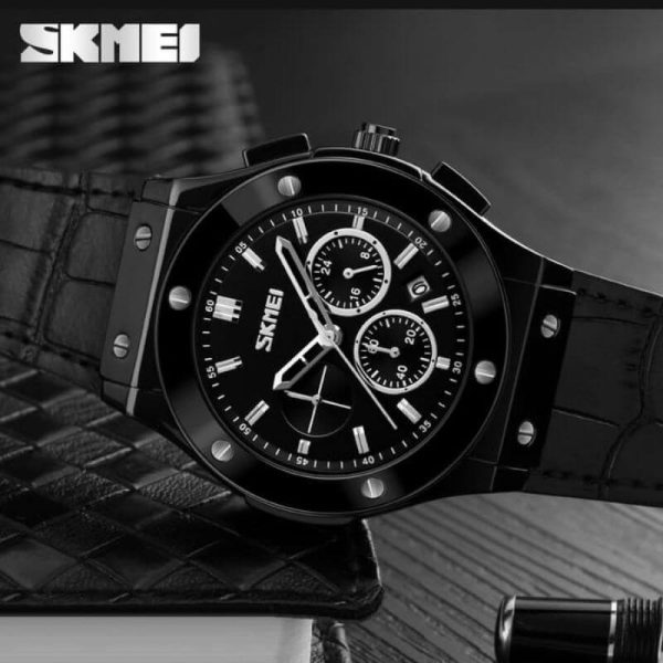 SKMEI 9157 Men's Multifunctional Business Edition Chronograph Date Display Leather Strap Watch - Black - Image 2