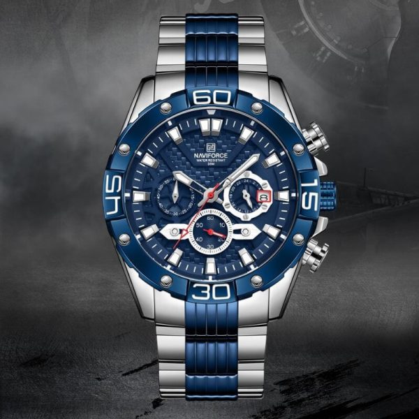 NAVIFORCE NF8019 Men's Stainless Steel Multifunction Luminous Chronograph Quartz Watch  - Silver/Blue - Image 2