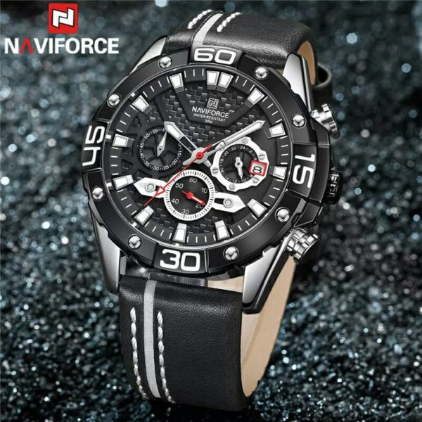 NAVIFORCE NF8019 Men's Multifunction Luminous Chronograph Leather Strap Quartz Watch - Black - Image 2