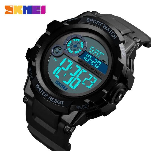 SKMEI 1387 Digital Electronic Outdoor Sport 3 Time Display Alarm 5ATM Waterproof Luminous Watch For Men - Black