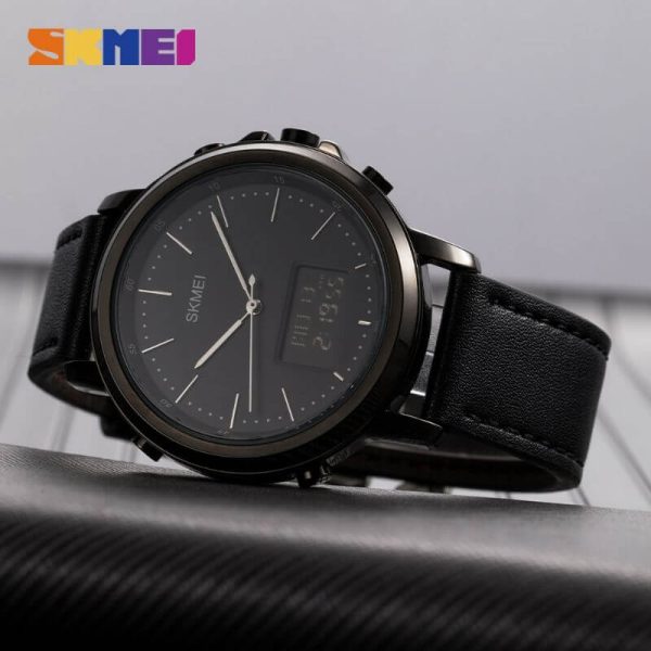 Skmei 1652 Men's Casual Dual Movement LED Light Display Leather Strap Wristwatch - Black - Image 2