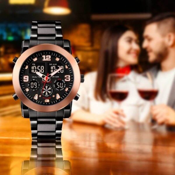 SKMEI 1642 Men's Casual Chronograph LED Digital Analog Stainless Steel Wrist Watch - Black/RoseGold - Image 2