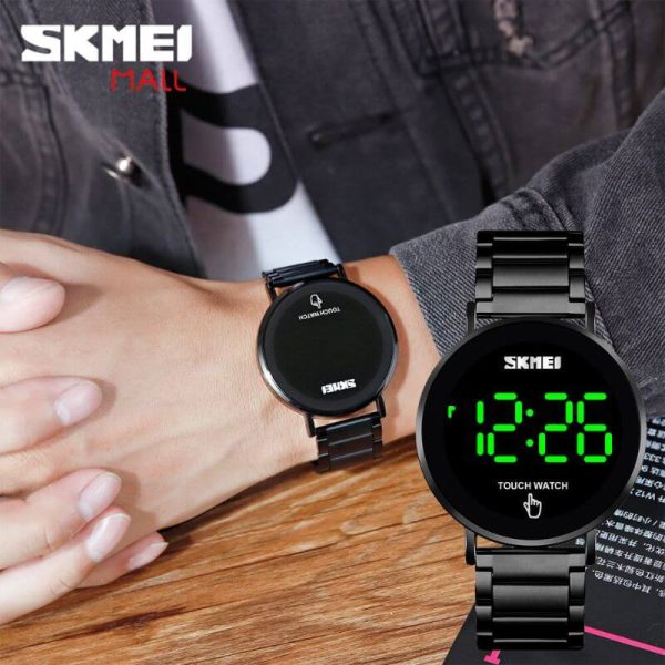 SKMEI 1550 LED Light Touch Screen Digital Stainless Steel Wristwatch For Men - Black - Image 2