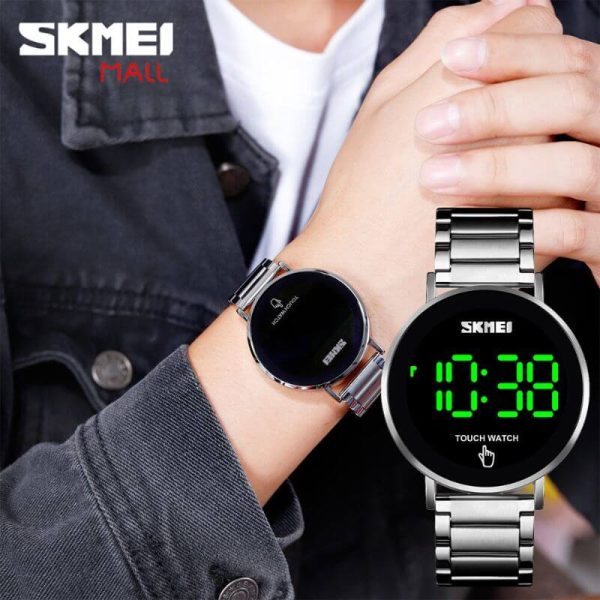 SKMEI 1550 LED Light Touch Screen Digital Stainless Steel Wristwatch For Men - Silver - Image 2