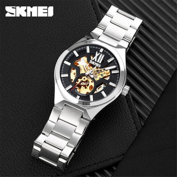 Skmei 9258 Fashion Mechanical Hollow Dial Luxury Stainless Steel Automatic Luminous Watch - Silver - Image 2