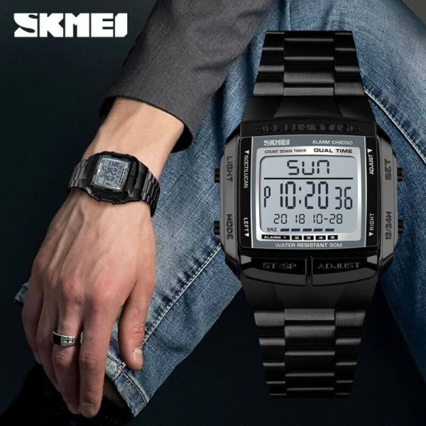 SKMEI 1381 Luxury Electronic LED Digital Military Multifunction Stainless Steel Watch For Men - Black - Image 2