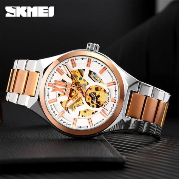 Skmei 9258 Fashion Mechanical Hollow Dial Luxury Stainless Steel Automatic Luminous Watch - White/RoseGold - Image 2