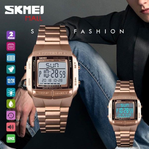 SKMEI 1381 Luxury Electronic LED Digital Military Multifunction Stainless Steel Watch For Men - RoseGold - Image 2