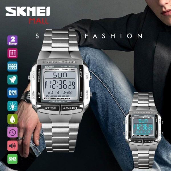 SKMEI 1381 Luxury Electronic LED Digital Military Multifunction Stainless Steel Watch For Men - Silver - Image 2