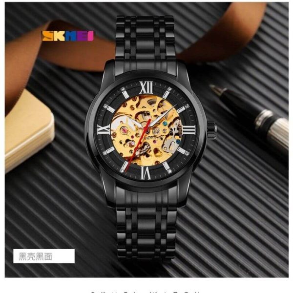 SKMEI 9222 Men's Business Skeleton Hollow Mechanical Automatic Stainless Steel Wristwatch - Black - Image 2