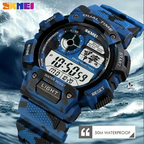 SKMEI 1723 Men's Multifunction Sports Digital Countdown Chronograph Waterproof Watch - Camouflage/Blue - Image 3