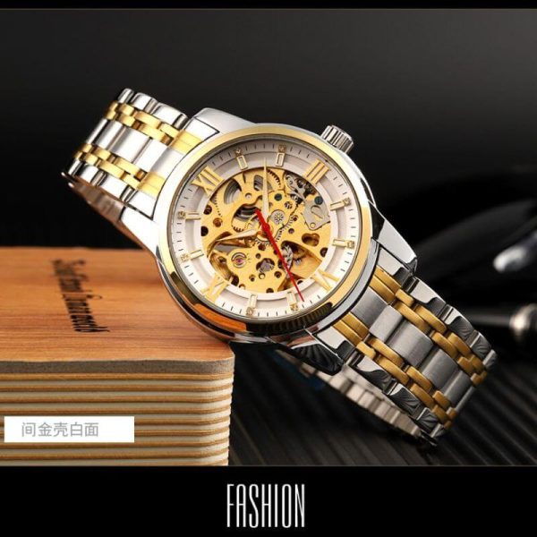 SKMEI 9222 Men's Business Skeleton Hollow Mechanical Automatic Stainless Steel Wristwatch - Silver/Golden - Image 3