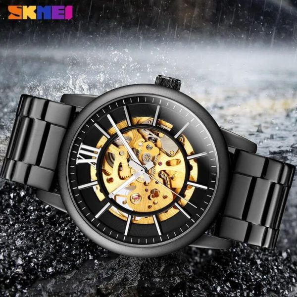 SKMEI 9242 Automatic Mechanical Stainless Steel Band Roman Numeral Index Design Automatic Watch For Men - Black - Image 2