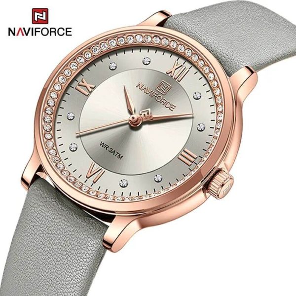 Naviforce NF5036 Classic Rhinestone Surrounded Leather Strap Roman Numeral Watch For Women - Grey