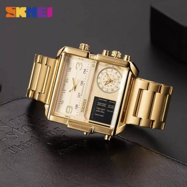 SKMEI 1584 Men's Multifunction Square Dial Digital Analog LED Chronograph Stainless Steel Wristwatch - Golden - Image 3