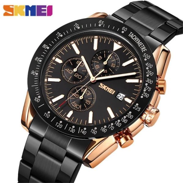 SKMEI 9253 Men's Top Luxury Chronograph Multifunction Stainless Steel Quartz Movement Watch - RoseGold/Black