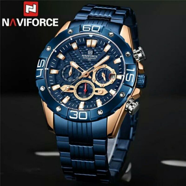 NAVIFORCE NF8019 Men's Stainless Steel Multifunction Luminous Chronograph Quartz Watch  - Rosegold/Blue - Image 2