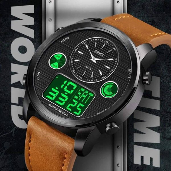 SKMEI 1653 Men's World Time Dual Display Movement LED Electronic Multifunction Leather Strap Watch - Black/Brown - Image 3