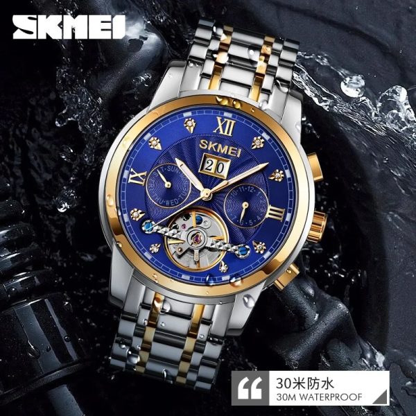 SKMEI M029 Men's Mechanical Creative Dial Automatic Day Date Display Luminous Stainless Steel Watch - Silver/Blue - Image 2