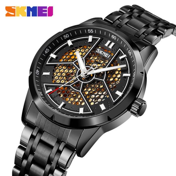 SKMEI 9225 Men's Luxury Automatic Movement Mechanical Hollow Luminous Pointer Watch - Black