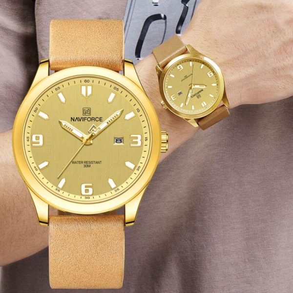 NaviForce NF8024 Casual Slim Dial Date Display Leather Strap Wristwatch For Men - Golden - Image 2