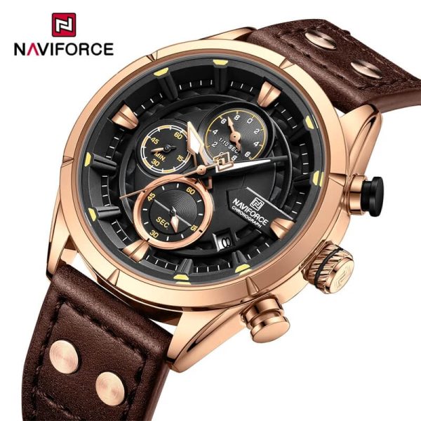 NaviForce NF8045 Men's Chronograph Date Dispaly Leather Strap Luminious Casual Watch - Rosegold/Brown