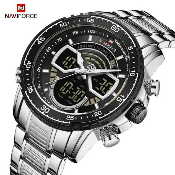 NAVIFORCE NF9189 Stainless Steel Dual Movement Digital Analog Dark Night Display Quartz Watch For Men - Silver