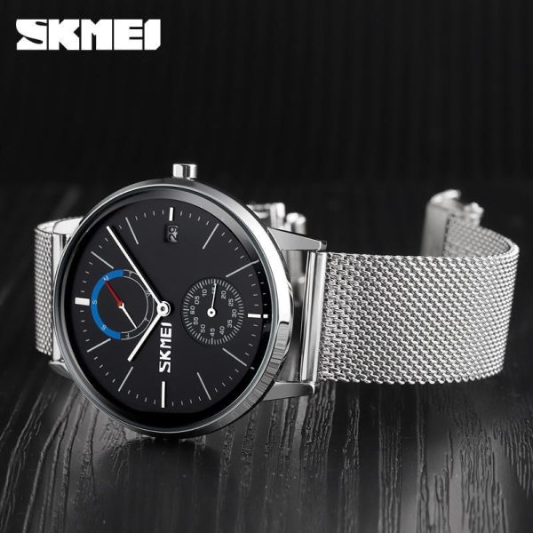 SKMEI 9182 Fashion Luxury Day Date Function Thin Round Dial Mesh Stainless Steel Watch For Men - Silver/Black - Image 2