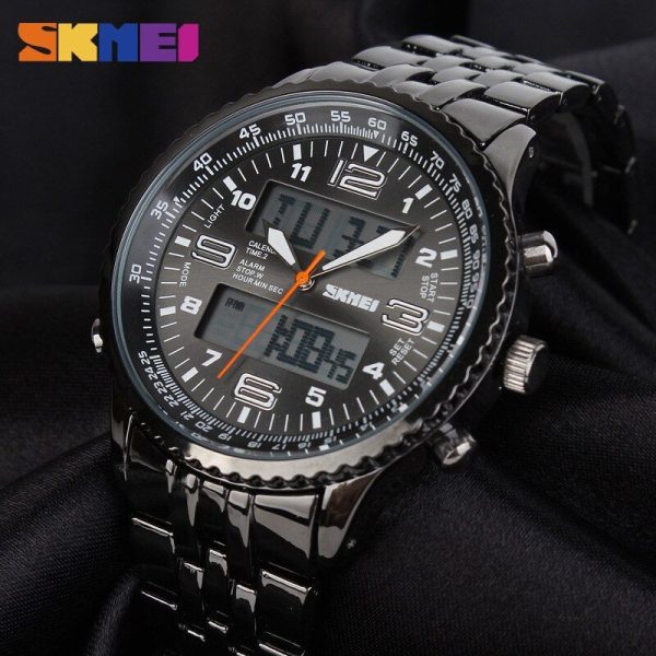 Skmei 1032 LED Dual Display Alarm Chrono Calendar Waterproof Full Stainless Steel Watch For Men - Black - Image 3