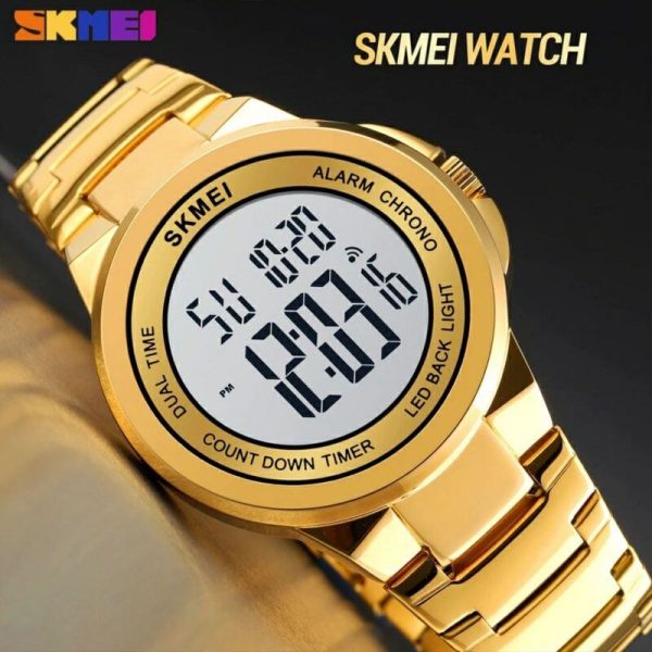 SKMEI 1712 Digital 2 Time Stainless Steel Fashion LED Waterproof Watch For Men - Golden - Image 3