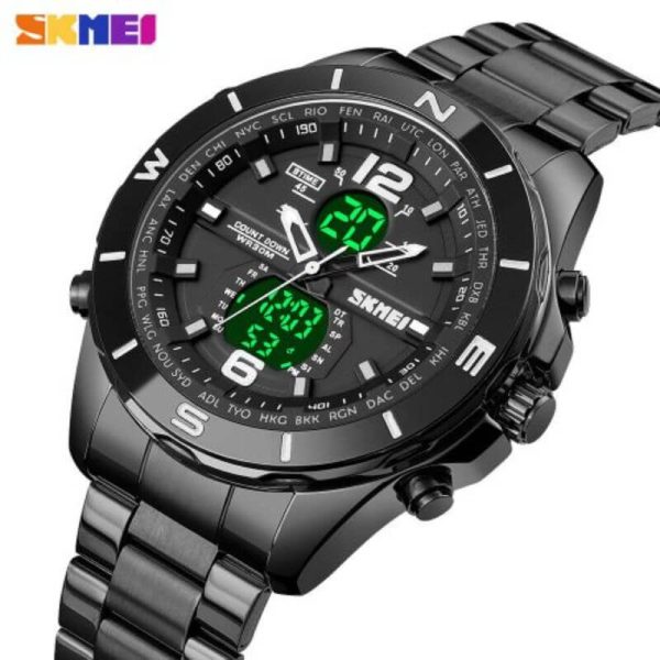 SKMEI 1670 Men's Double Movement Chronograph Waterproof Stainless Steel Multifunction Watch - Black