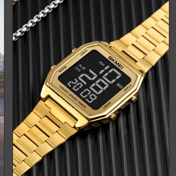 SKMEI 1735 LED Dual Time Digital Retro Fashion Stainless Steel Wrist Watch For Men - Golden/Black - Image 3