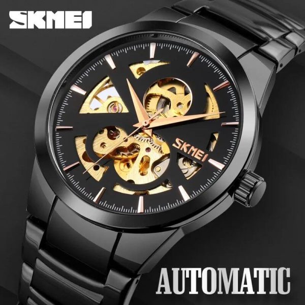 SKMEI 9243 Casual Men's Automatic Mechanical Fashion Hollow Dial Stainless Steel Strap Watch - Black - Image 2