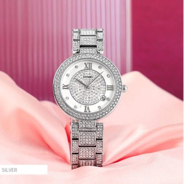 SKMEI 1739 Women's Fashion Iced Diamond Roman Numeral Index Date Display Quartz Stainless Steel Watch - Silver - Image 3