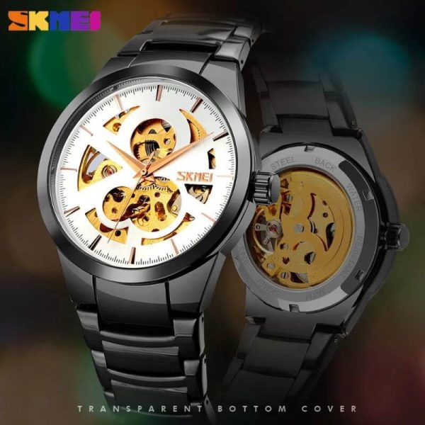 SKMEI 9243 Casual Men's Automatic Mechanical Fashion Hollow Dial Stainless Steel Strap Watch - Black/White - Image 2