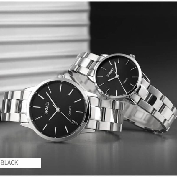 SKMEI 1694 1695 Top Luxury Quartz Movement Stainless Steel Couple Watch - Silver/Black - Image 2