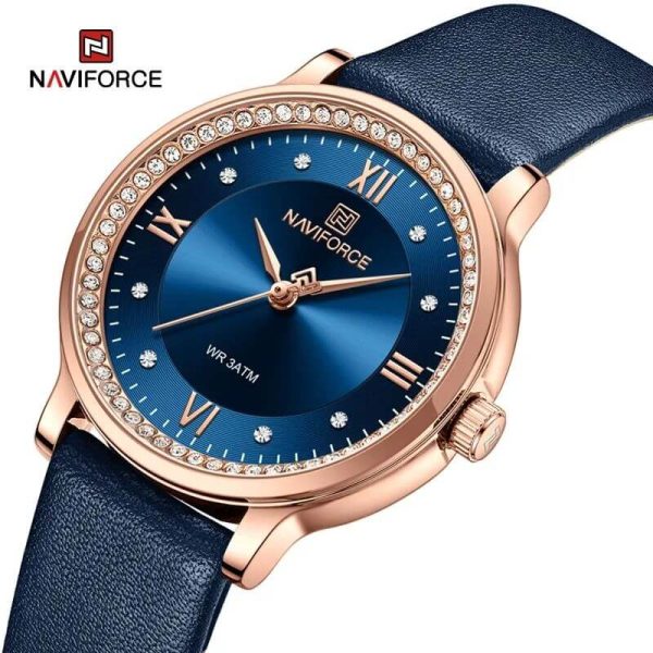 Naviforce NF5036 Classic Rhinestone Surrounded Leather Strap Roman Numeral Watch For Women - Blue