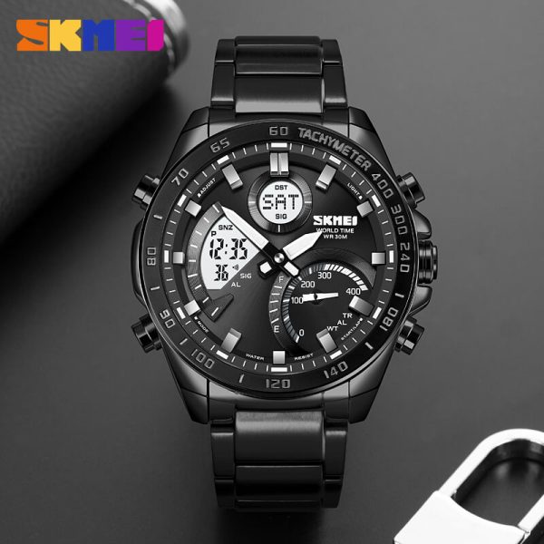 SKMEI 1889 Multifunctional Dual Display Countdown Chronograph LED Light Stainless Steel Watch For Men - Black - Image 2