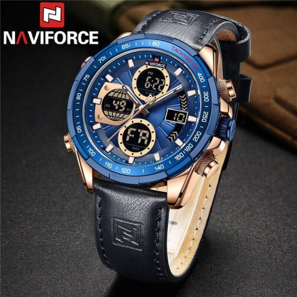 NAVIFORCE NF9197 Men's Business Day Date Function Analog Digital  Leather Strap  Wristwatch - Blue/Rosegold - Image 3