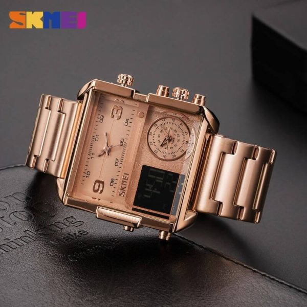 SKMEI 1584 Men's Multifunction Square Dial Digital Analog LED Chronograph Stainless Steel Wristwatch - RoseGold - Image 3