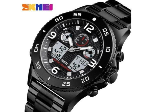 SKMEI 1538 Men Wristwatch Quartz Dual Display Casual 3 Time Multifunction Waterproof Stopwatch - Black