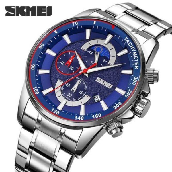 SKMEI 9250 Men's Multifunction Moonphase Creative Design Chronograph Date Display Stainless Steel Watch - Blue/Silver