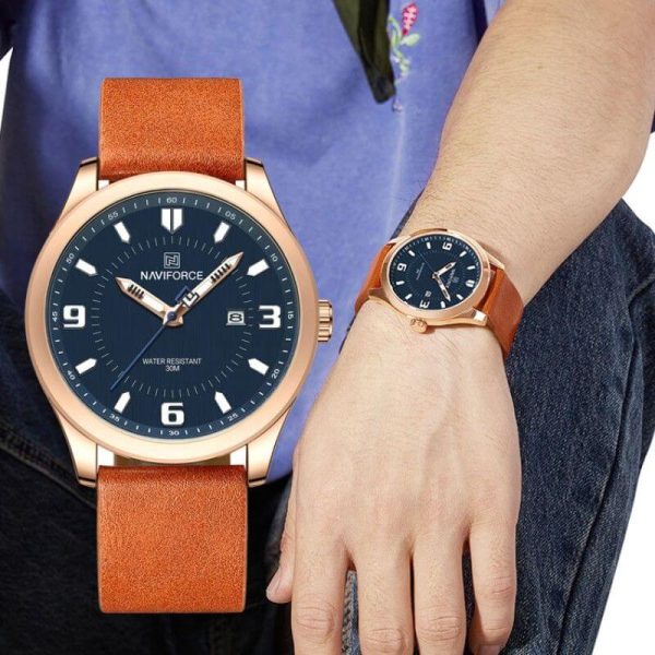 NaviForce NF8024 Casual Slim Dial Date Display Leather Strap Wristwatch For Men - Orange - Image 2