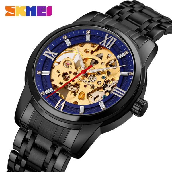 SKMEI 9222 Men's Business Skeleton Hollow Mechanical Automatic Stainless Steel Wristwatch - Blue/Black