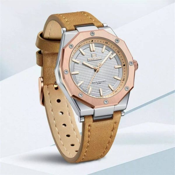 NaviForce NF5026 Elegant Casual Polygonal Bezel Luminous Leather Strap Quartz Wristwatch For Women - Light Brown - Image 2