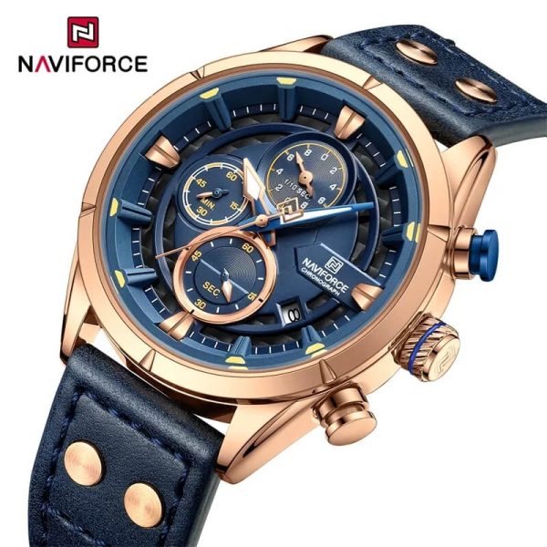 NaviForce NF8045 Men's Chronograph Date Dispaly Leather Strap Luminious Casual Watch - Blue/Rosegold