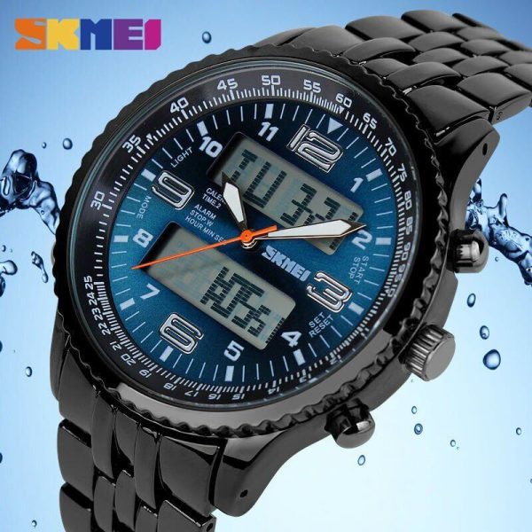 Skmei 1032 LED Dual Display Alarm Chrono Calendar Waterproof Full Stainless Steel Watch For Men - Blue - Image 3